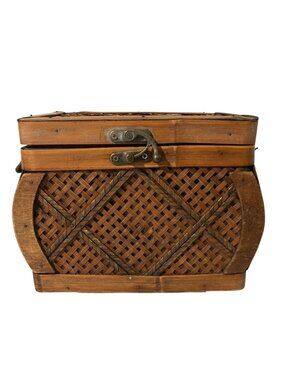 Vintage Brass and Woven Wicker Small Chest Trunk Basket